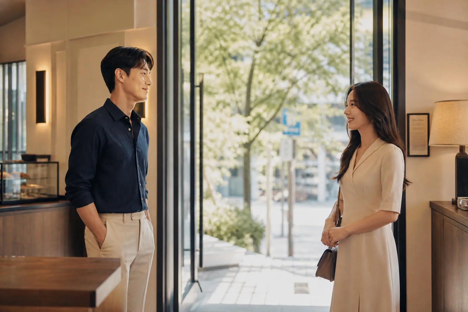 카페 출구에서 적당한 거리를 두고 인사하는 두 사람